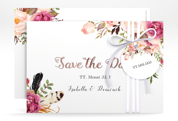 Save the Date-Karte Flowers A6 Karte quer weiss rosegold mit bunten Aquarell-Blumen