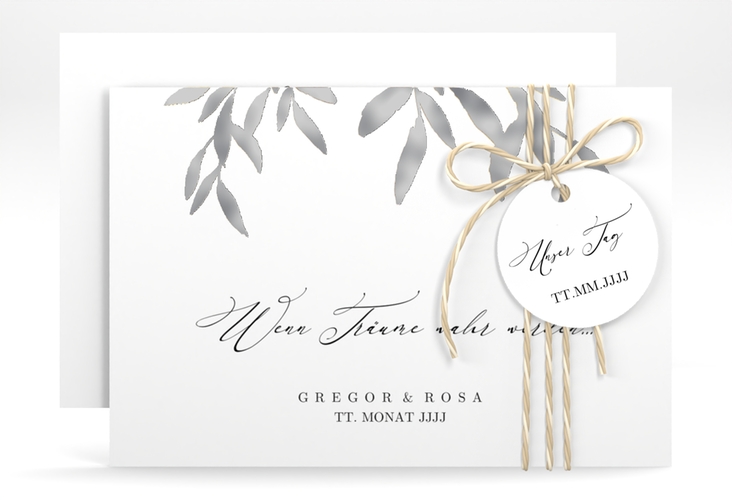 Save the Date-Karte Demure A6 Karte quer weiss silber