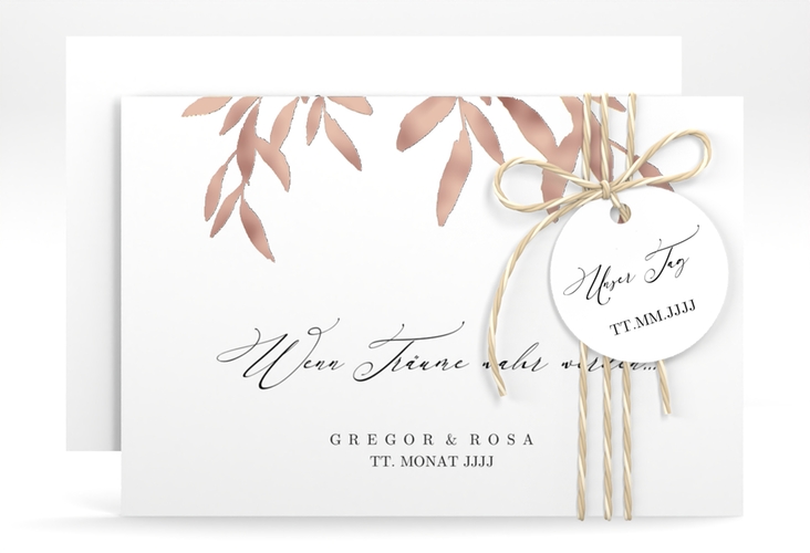 Save the Date-Karte Demure A6 Karte quer weiss rosegold