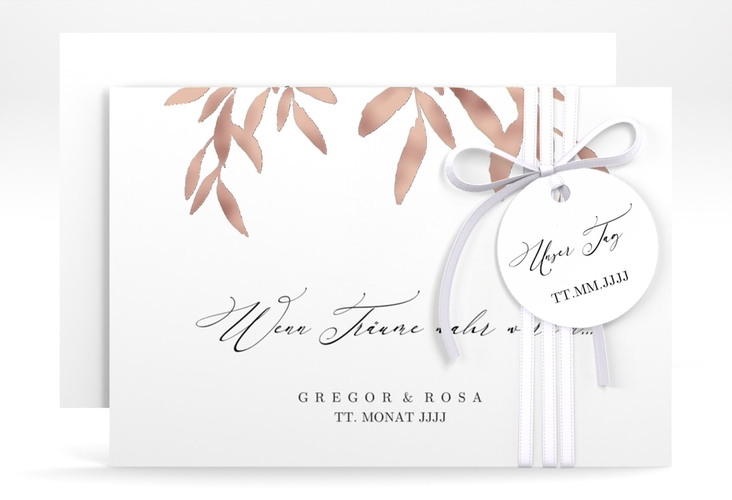 Save the Date-Karte Demure A6 Karte quer weiss rosegold