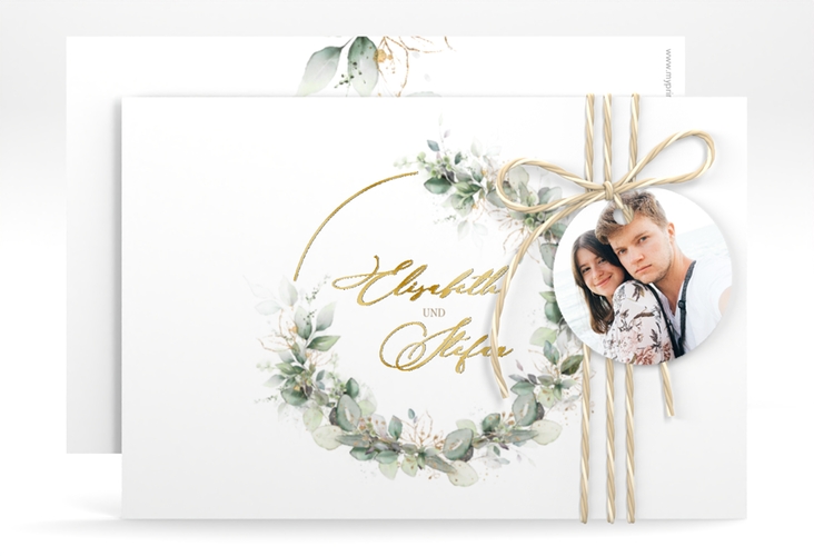 Save the Date-Karte Selvatica A6 Karte quer weiss gold mit Eukalyptus-Kranz