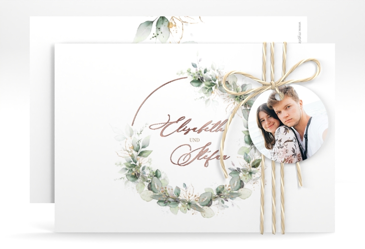 Save the Date-Karte Selvatica A6 Karte quer weiss rosegold mit Eukalyptus-Kranz