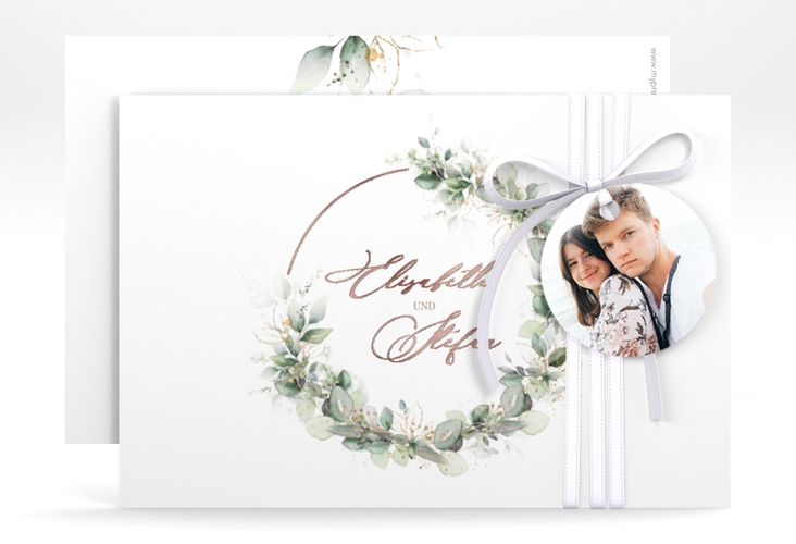 Save the Date-Karte Selvatica A6 Karte quer weiss rosegold mit Eukalyptus-Kranz