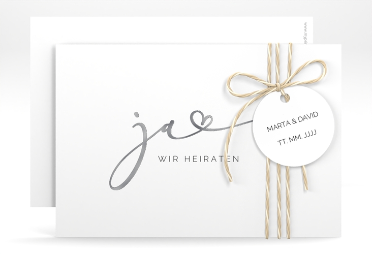 Save the Date-Karte Jawort A6 Karte quer weiss silber modern minimalistisch mit veredelter Aufschrift