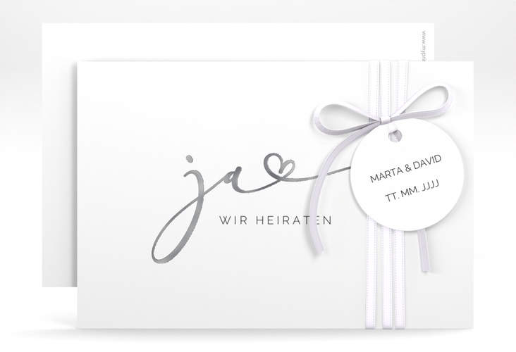 Save the Date-Karte Jawort A6 Karte quer weiss silber modern minimalistisch mit veredelter Aufschrift