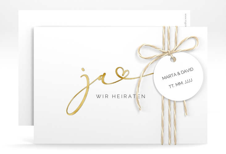 Save the Date-Karte Jawort A6 Karte quer weiss gold modern minimalistisch mit veredelter Aufschrift