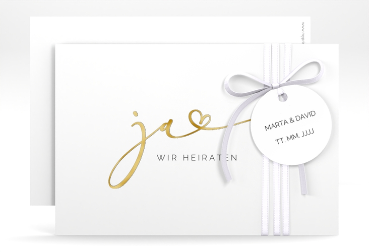 Save the Date-Karte Jawort A6 Karte quer weiss gold modern minimalistisch mit veredelter Aufschrift