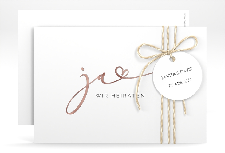 Save the Date-Karte Jawort A6 Karte quer weiss rosegold modern minimalistisch mit veredelter Aufschrift