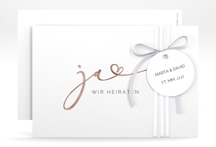 Save the Date-Karte Jawort A6 Karte quer weiss rosegold modern minimalistisch mit veredelter Aufschrift