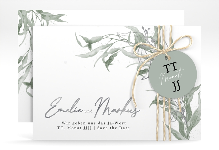 Save the Date-Karte Eucalyptus Green A6 Karte quer weiss silber