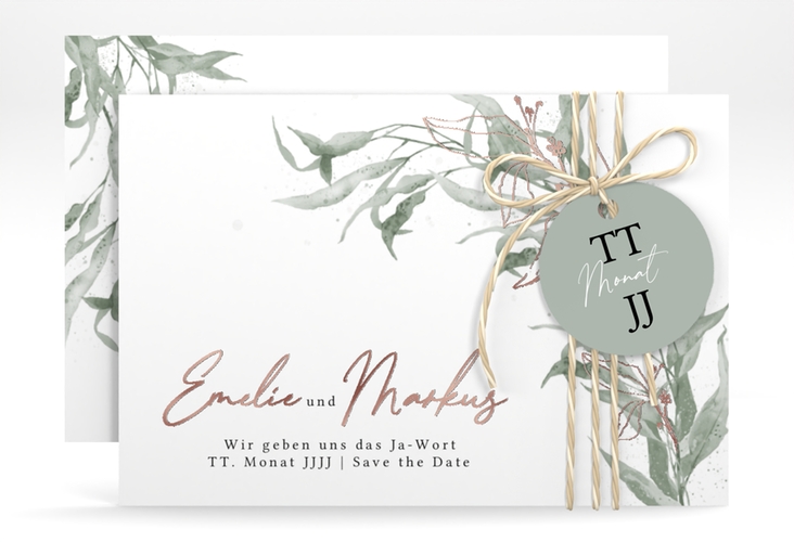 Save the Date-Karte Eucalyptus Green A6 Karte quer weiss rosegold