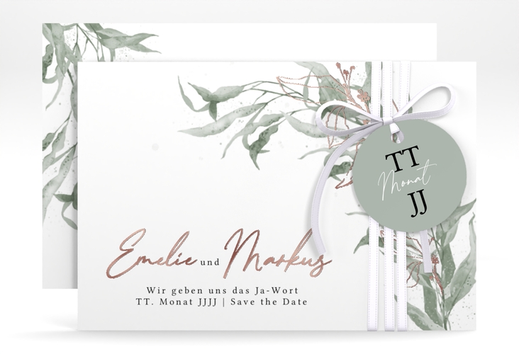 Save the Date-Karte Eucalyptus Green A6 Karte quer weiss rosegold