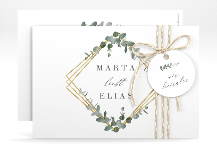 Save the Date-Karte Eukalyptus A6 Karte quer weiss gold