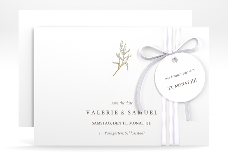 Save the Date-Karte Ivy A6 Karte quer weiss gold minimalistisch mit kleiner botanischer Illustration