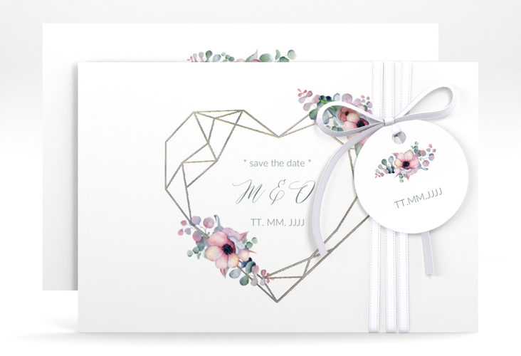 Save the Date-Karte Herzgold A6 Karte quer weiss silber