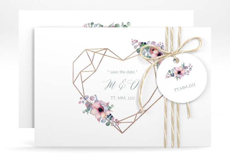 Save the Date-Karte Herzgold A6 Karte quer weiss rosegold
