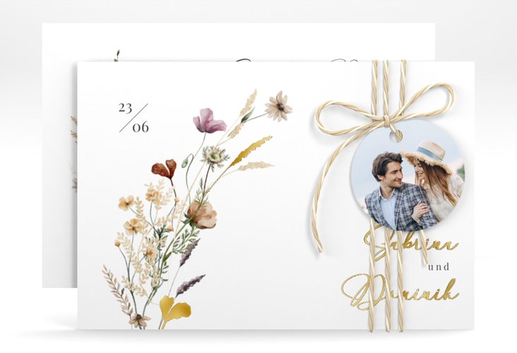 Save the Date-Karte Sauvages A6 Karte quer weiss gold mit getrockneten Wiesenblumen