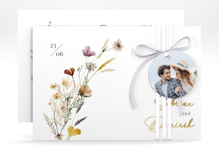 Save the Date-Karte Sauvages A6 Karte quer weiss gold mit getrockneten Wiesenblumen