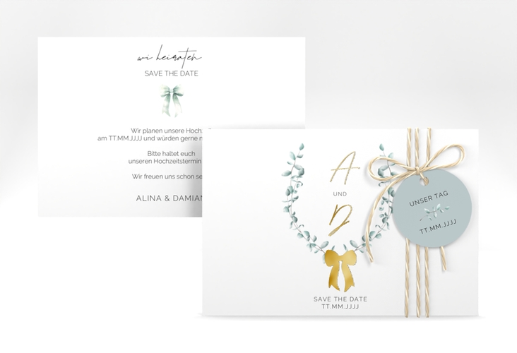 Save the Date-Karte Eucalypt Bow A6 Karte quer gruen gold
