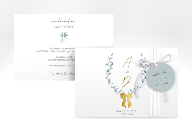 Save the Date-Karte Eucalypt Bow A6 Karte quer gruen gold