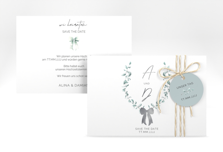 Save the Date-Karte Eucalypt Bow A6 Karte quer gruen silber