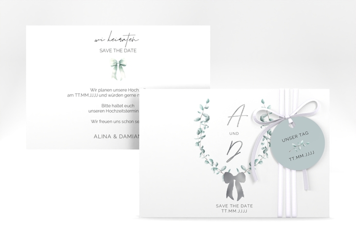 Save the Date-Karte Eucalypt Bow A6 Karte quer gruen silber