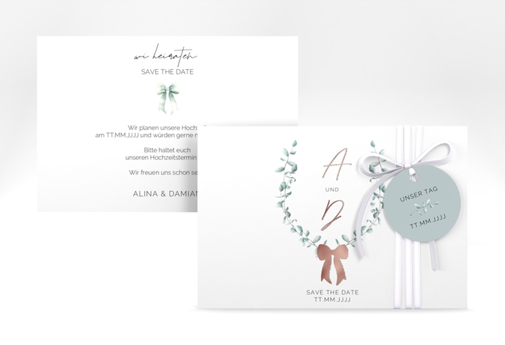 Save the Date-Karte Eucalypt Bow A6 Karte quer gruen rosegold