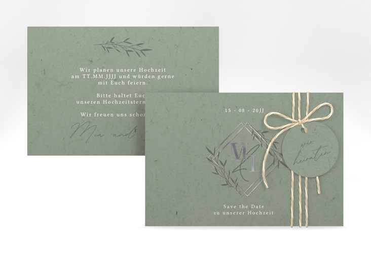 Save the Date-Karte Greenletter A6 Karte quer gruen silber mit Initialen in elegantem Goldrahmen mit Blättern