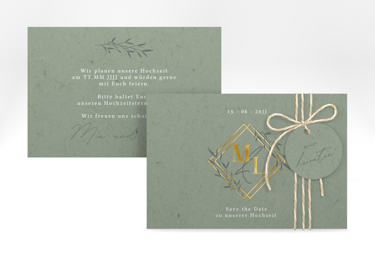 Save the Date-Karte Greenletter A6 Karte quer gruen gold mit Initialen in elegantem Goldrahmen mit Blättern
