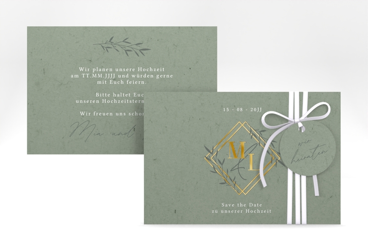 Save the Date-Karte Greenletter A6 Karte quer gruen gold mit Initialen in elegantem Goldrahmen mit Blättern