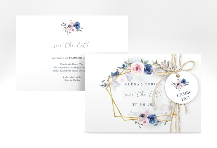 Save the Date-Karte Dustyblue A6 Karte quer weiss gold