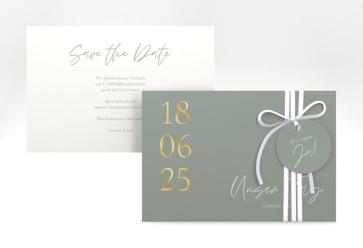 Save the Date-Karte Day A6 Karte quer gruen gold mit Datum im minimalistischen Design