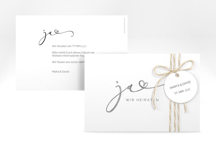 Save the Date-Karte Jawort A6 Karte quer weiss silber modern minimalistisch mit veredelter Aufschrift