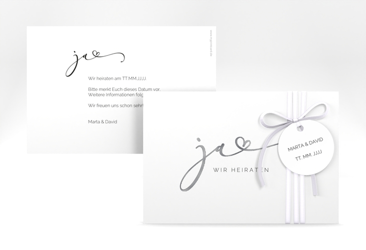 Save the Date-Karte Jawort A6 Karte quer weiss silber modern minimalistisch mit veredelter Aufschrift