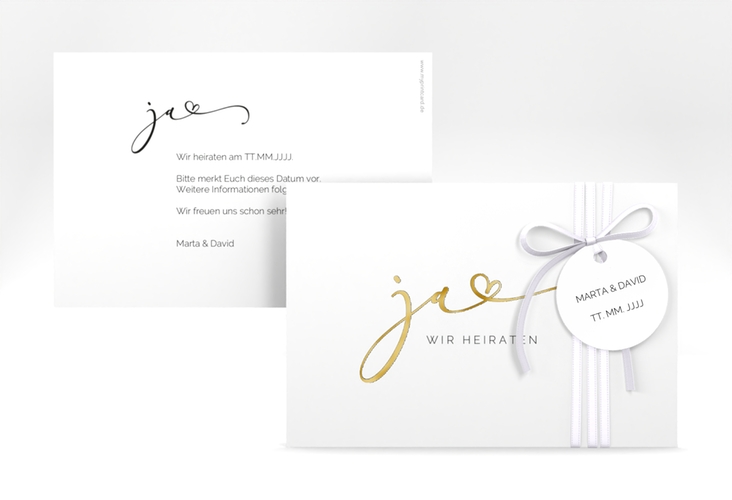 Save the Date-Karte Jawort A6 Karte quer weiss gold modern minimalistisch mit veredelter Aufschrift