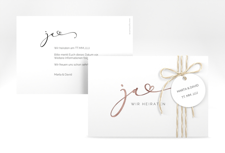 Save the Date-Karte Jawort A6 Karte quer weiss rosegold modern minimalistisch mit veredelter Aufschrift