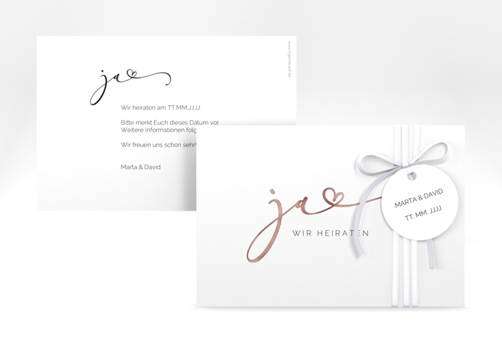 Save the Date-Karte Jawort A6 Karte quer weiss rosegold modern minimalistisch mit veredelter Aufschrift