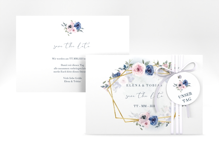 Save the Date-Karte Dustyblue A6 Karte quer weiss gold