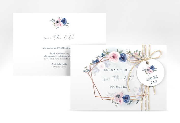 Save the Date-Karte Dustyblue A6 Karte quer weiss rosegold