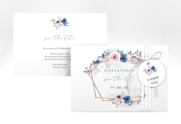 Save the Date-Karte Dustyblue A6 Karte quer weiss rosegold
