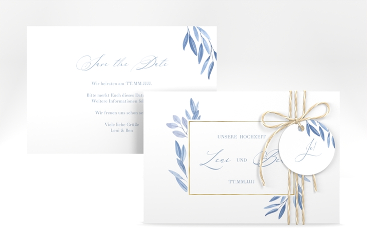 Save the Date-Karte Classicblue A6 Karte quer weiss gold