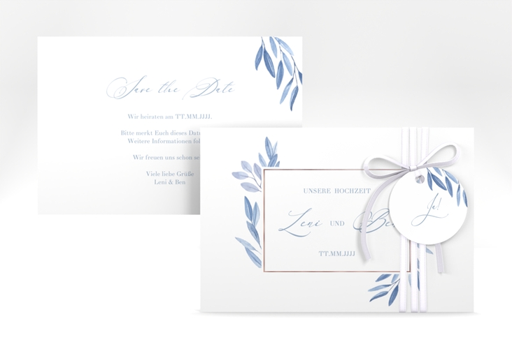 Save the Date-Karte Classicblue A6 Karte quer weiss rosegold