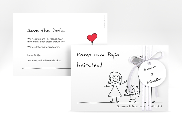Save the Date-Karte Family A6 Karte quer weiss silber