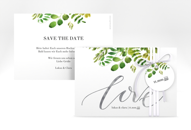 Save the Date-Karte Botany A6 Karte quer weiss silber