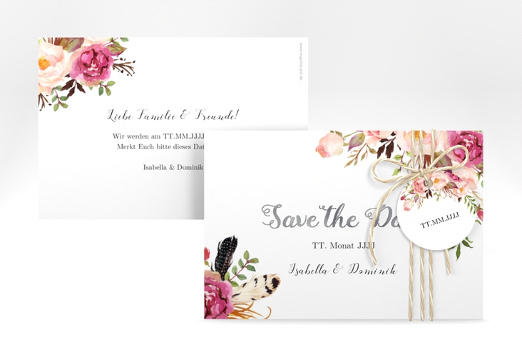 Save the Date-Karte Flowers A6 Karte quer weiss silber mit bunten Aquarell-Blumen