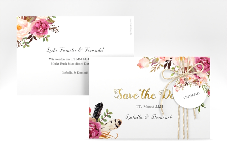 Save the Date-Karte Flowers A6 Karte quer weiss gold mit bunten Aquarell-Blumen