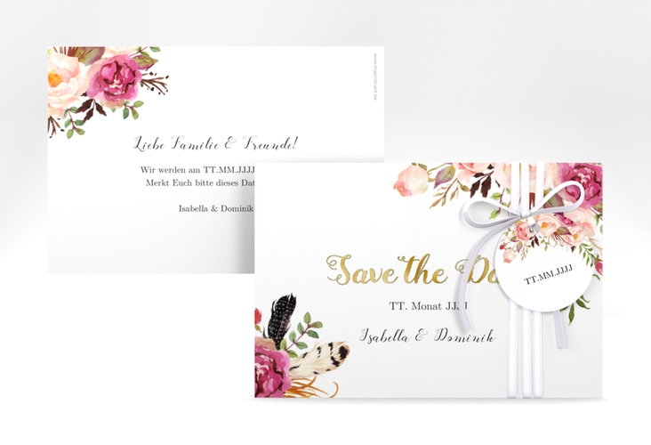 Save the Date-Karte Flowers A6 Karte quer weiss gold mit bunten Aquarell-Blumen