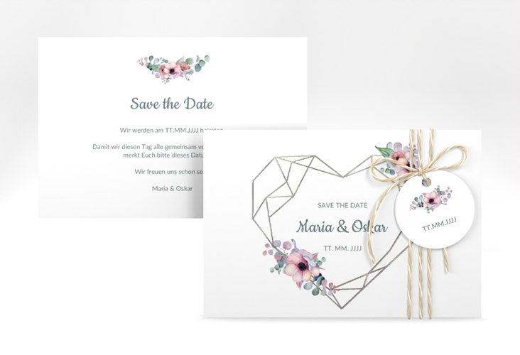 Save the Date-Karte Herzgold A6 Karte quer weiss silber