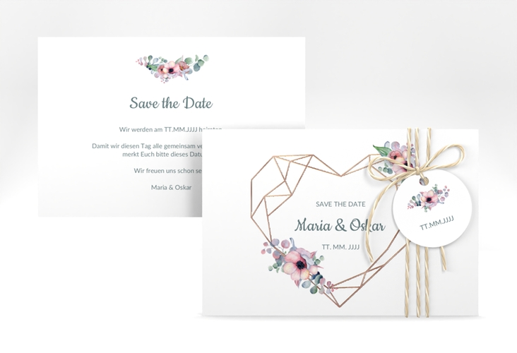 Save the Date-Karte Herzgold A6 Karte quer weiss rosegold
