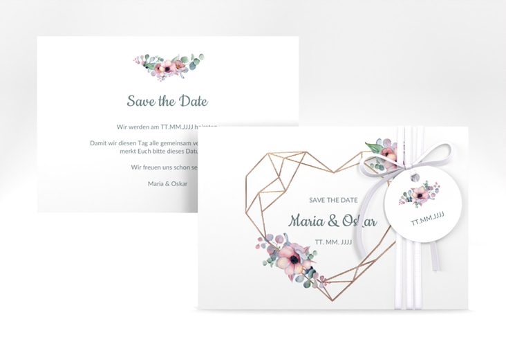 Save the Date-Karte Herzgold A6 Karte quer weiss rosegold